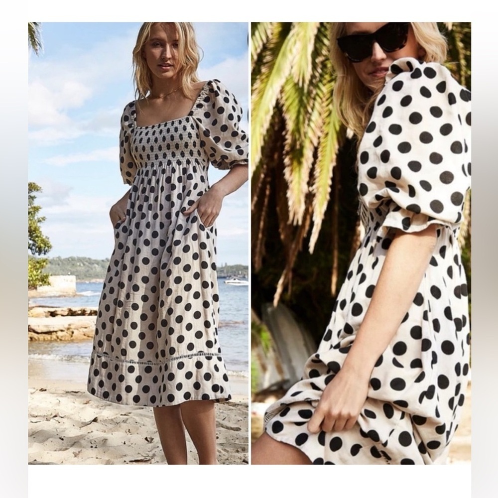 Valiante Bondi Beach Edwina‎ Polka Dot Cotton Gauze Midi Dress Size XS